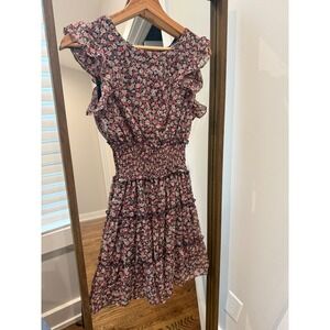 Floral  Mini Dress Ruffle Sleeve Smocked Waist Tiered Skirt Navy Pink Sz Small